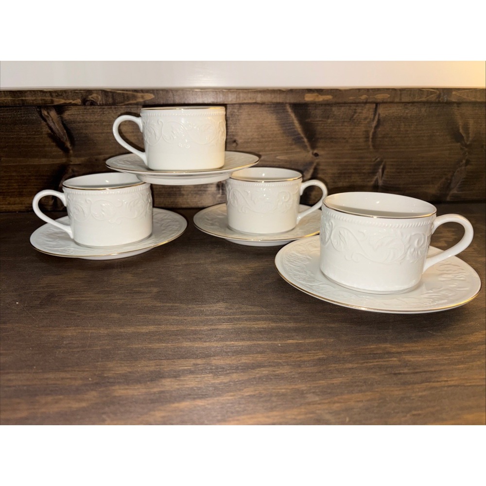 Set Of 4 Farberware Cup & Saucers CALAIS #4173 White Embossed Vintage 1998
